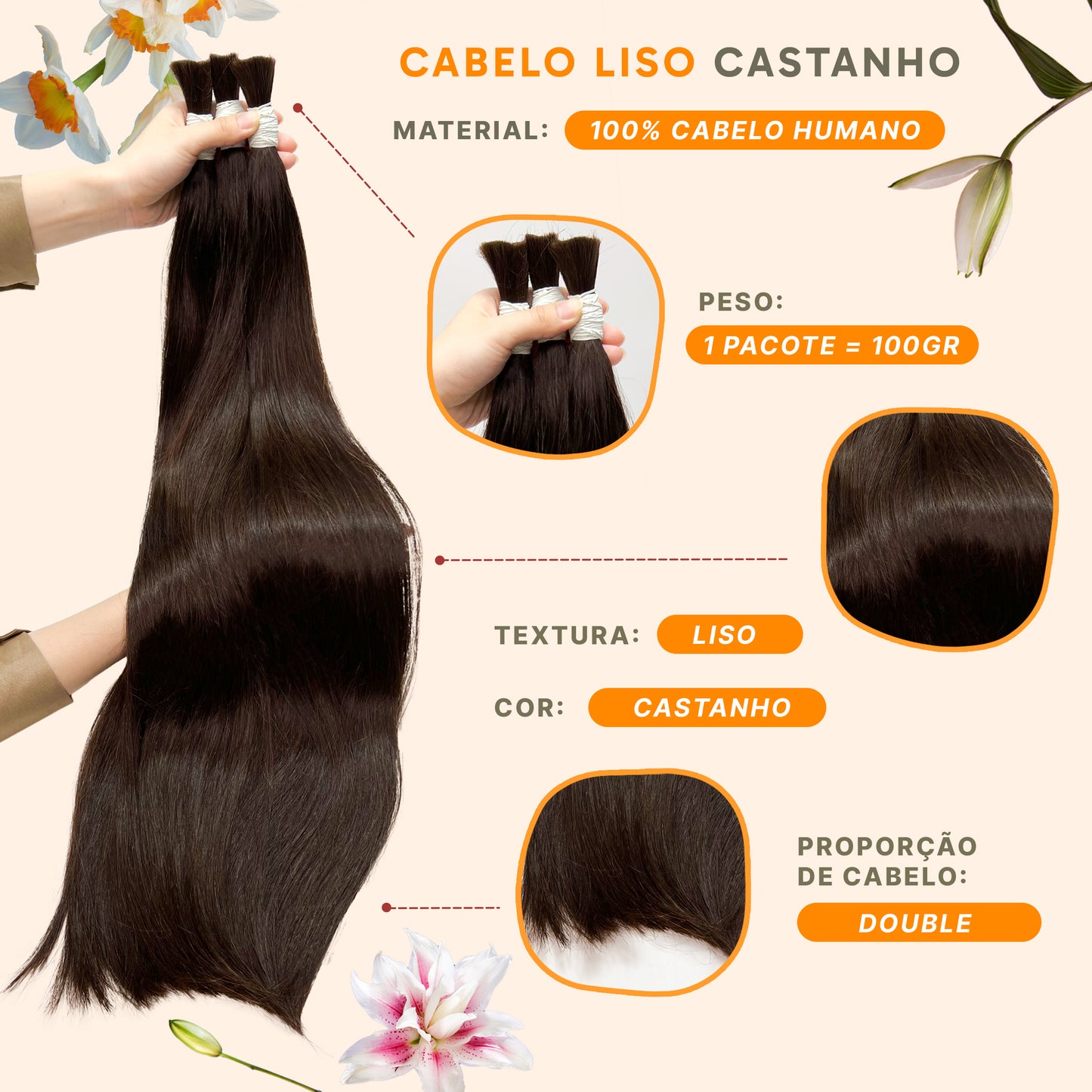 Cabelo liso castanho 100 gramas