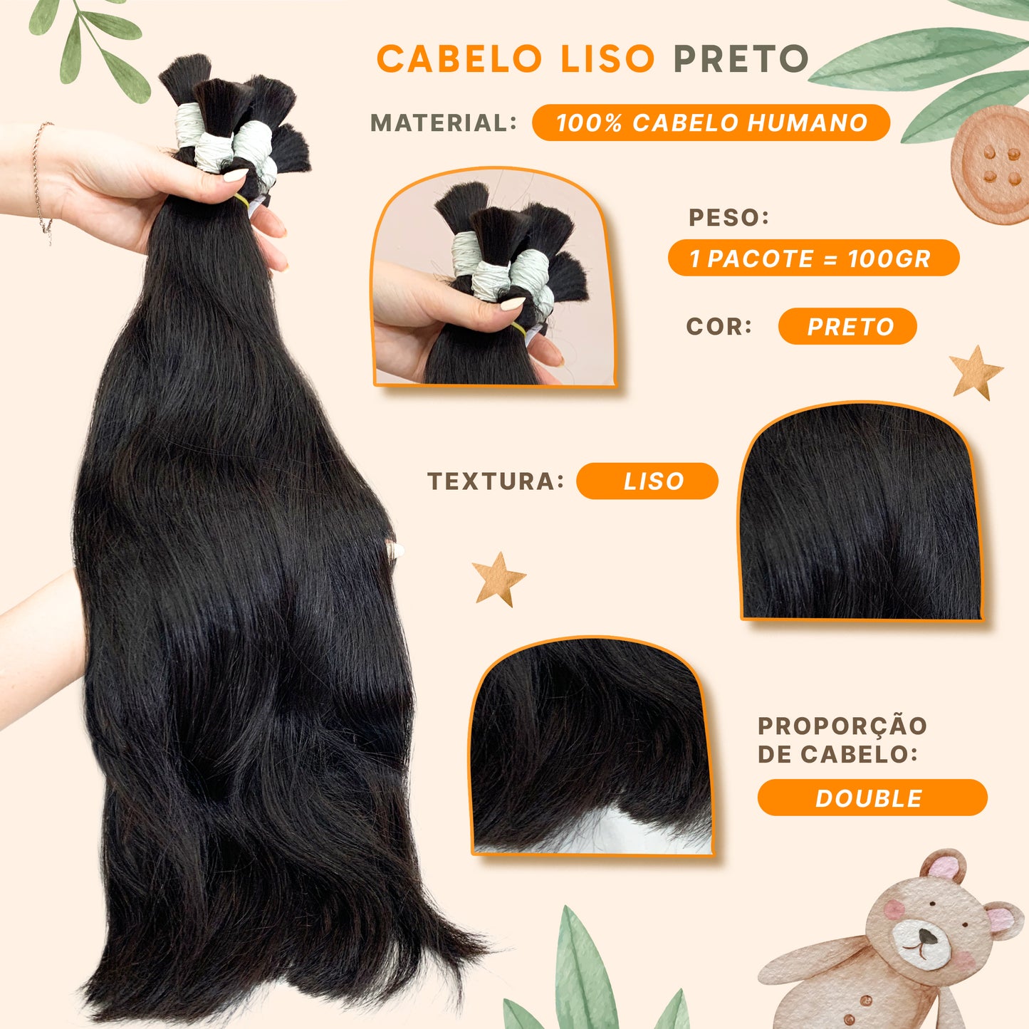 Cabelo liso natural 100 gramas